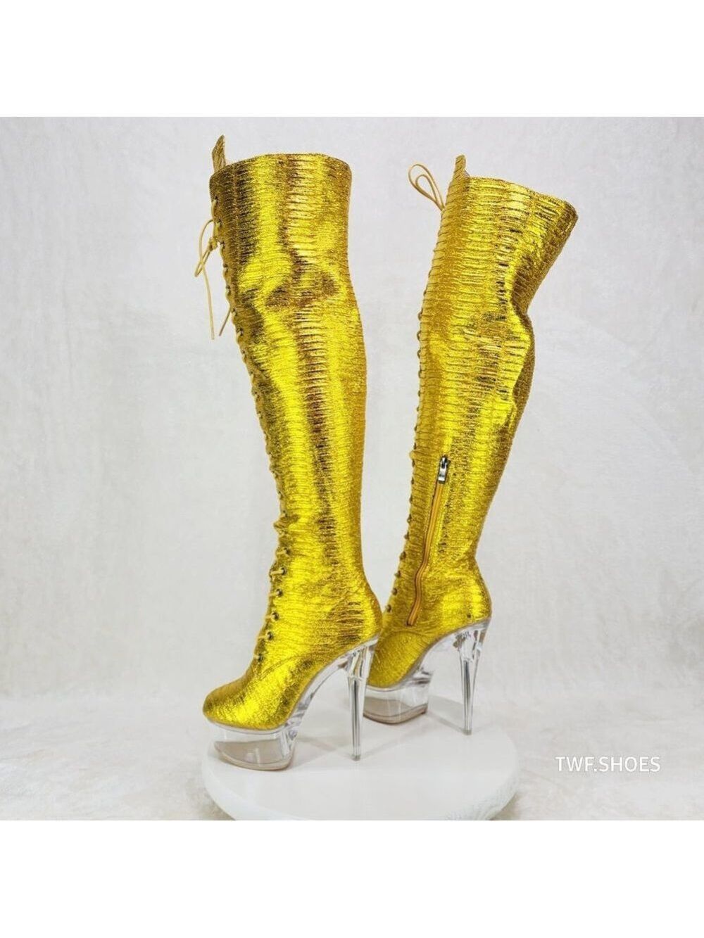 Bulls Metallic Yellow Gold OTK Clear Platform High Heel Thigh Boots
